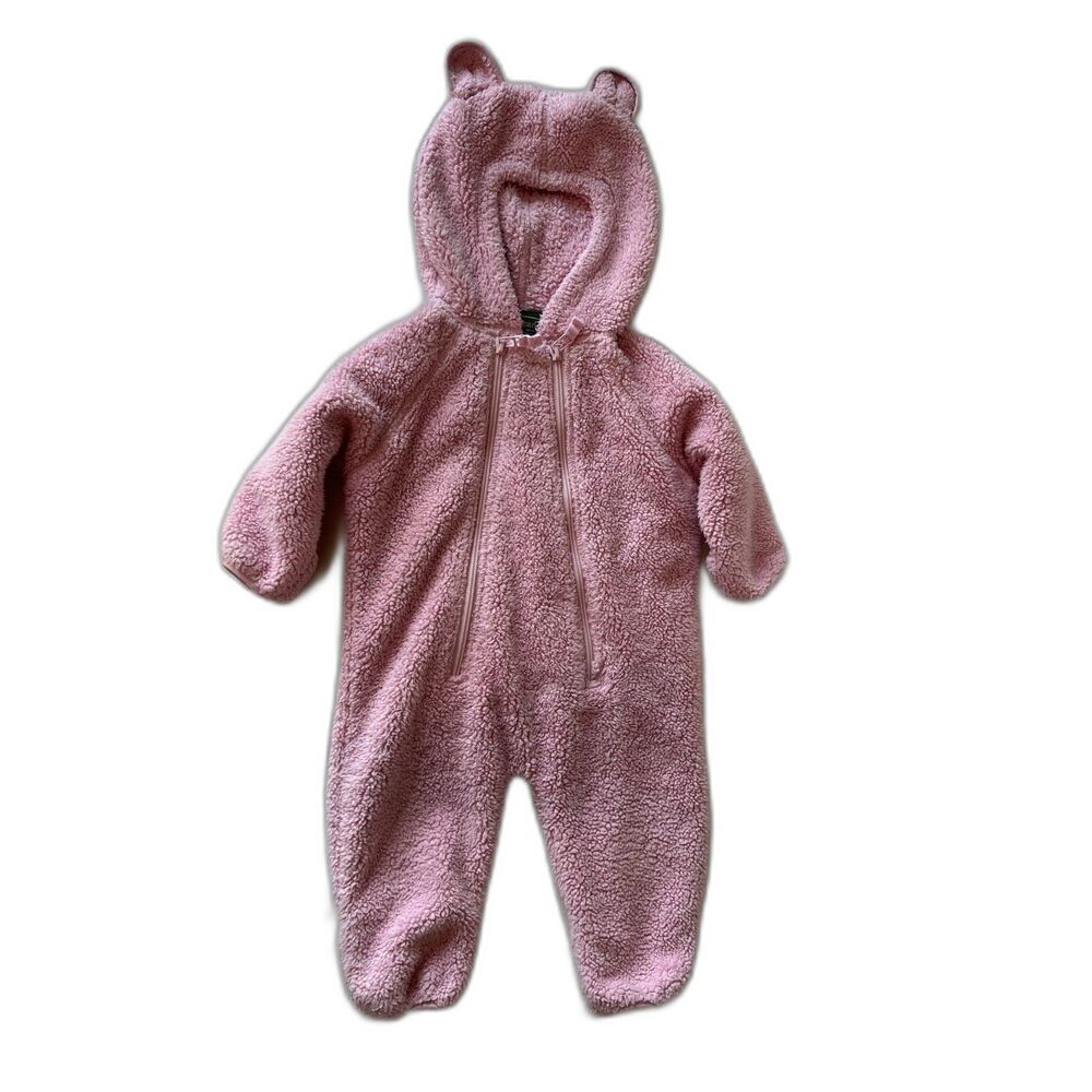 L.L. Bean Pink Teddy Fleece Hooded Baby One-Piece
